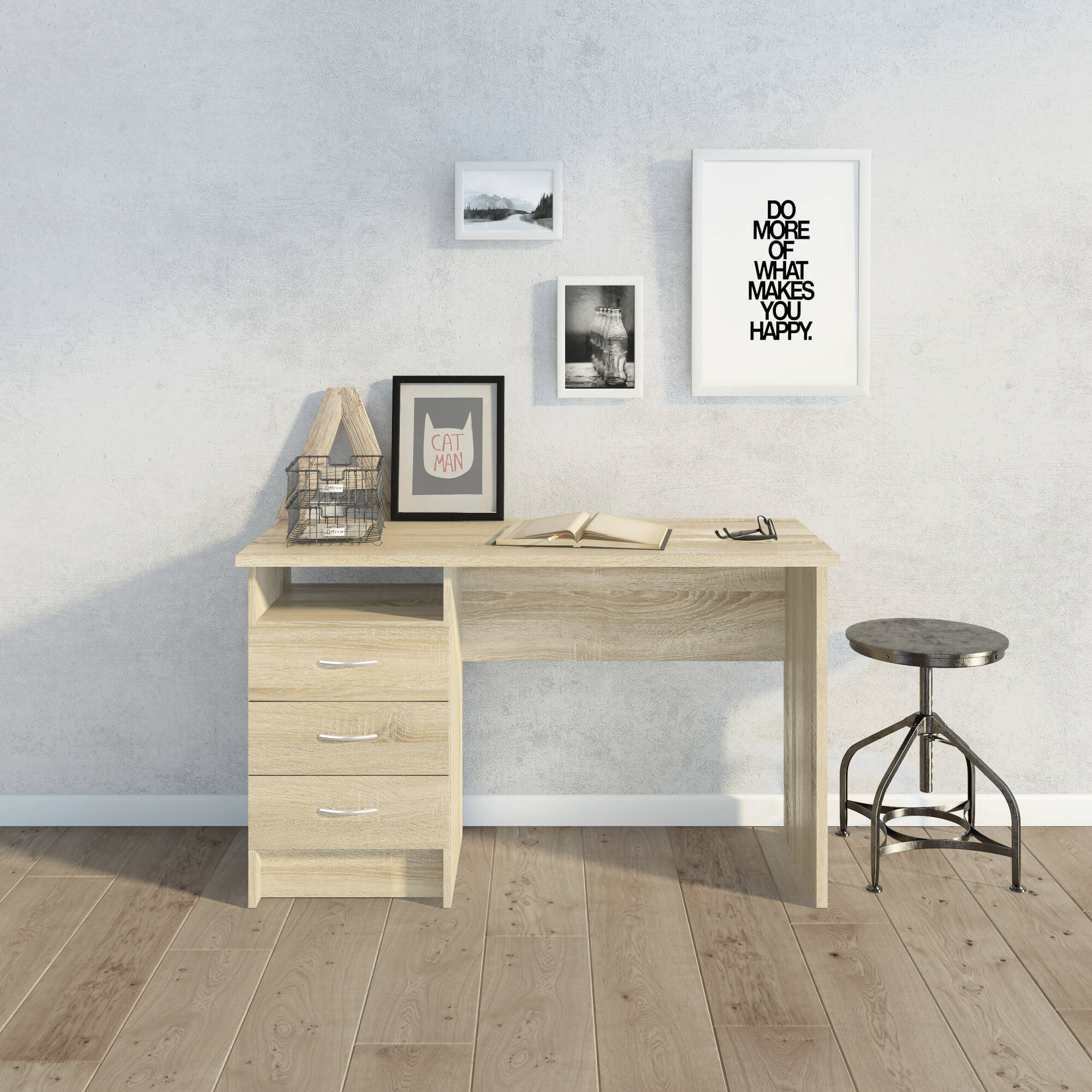 foto del prodotto scrivania lineare con tre andre, colore rovere, misure 120 x 72 x 48 cm