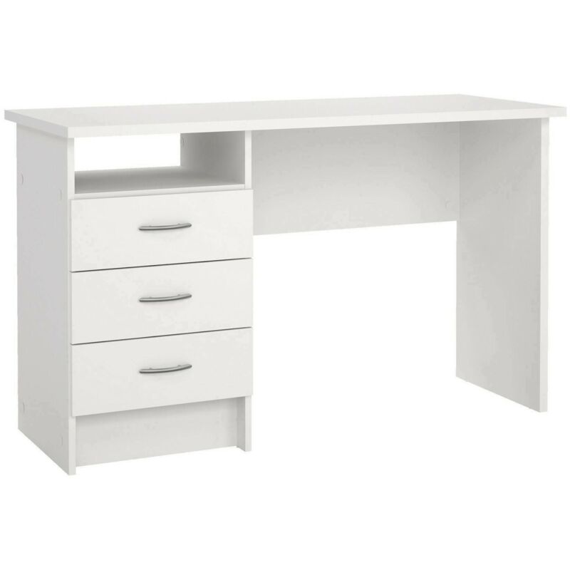 foto del prodotto scrivania lineare con tre cassetti, colore bianco, misure 120 x 72 x 48 cm