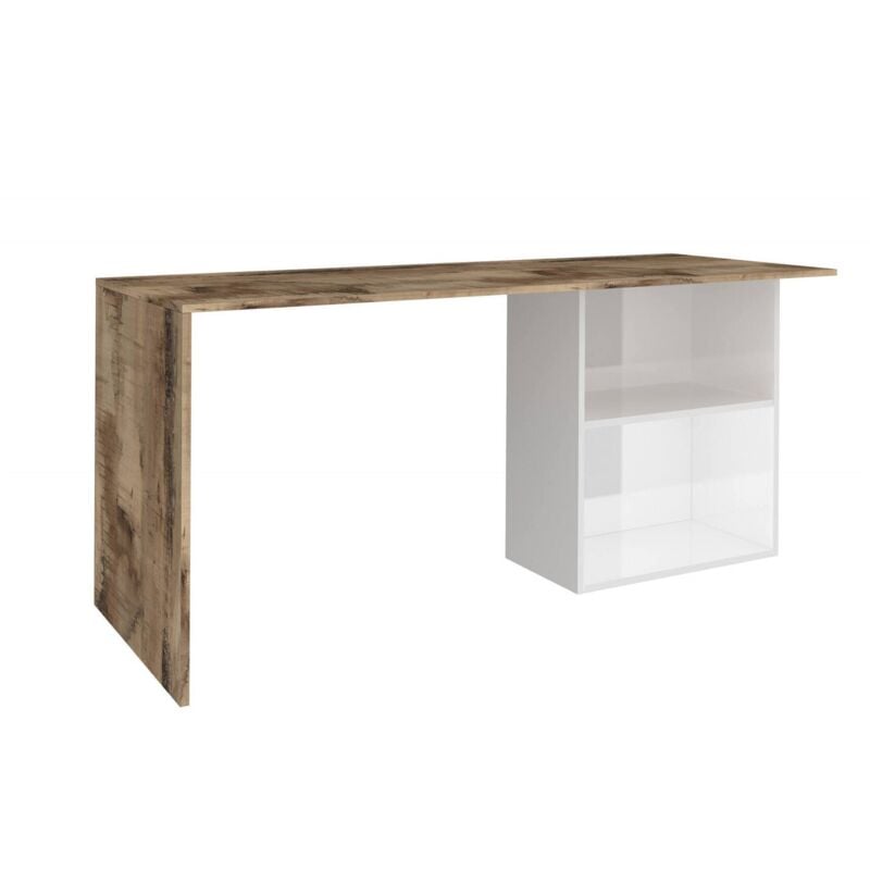 foto del prodotto scrivania lineare per ufficio e studio con scaffale, made in italy, tavolo minimal, scrittoio porta pc, cm 110x50h75, colore bianco lucido e acero,