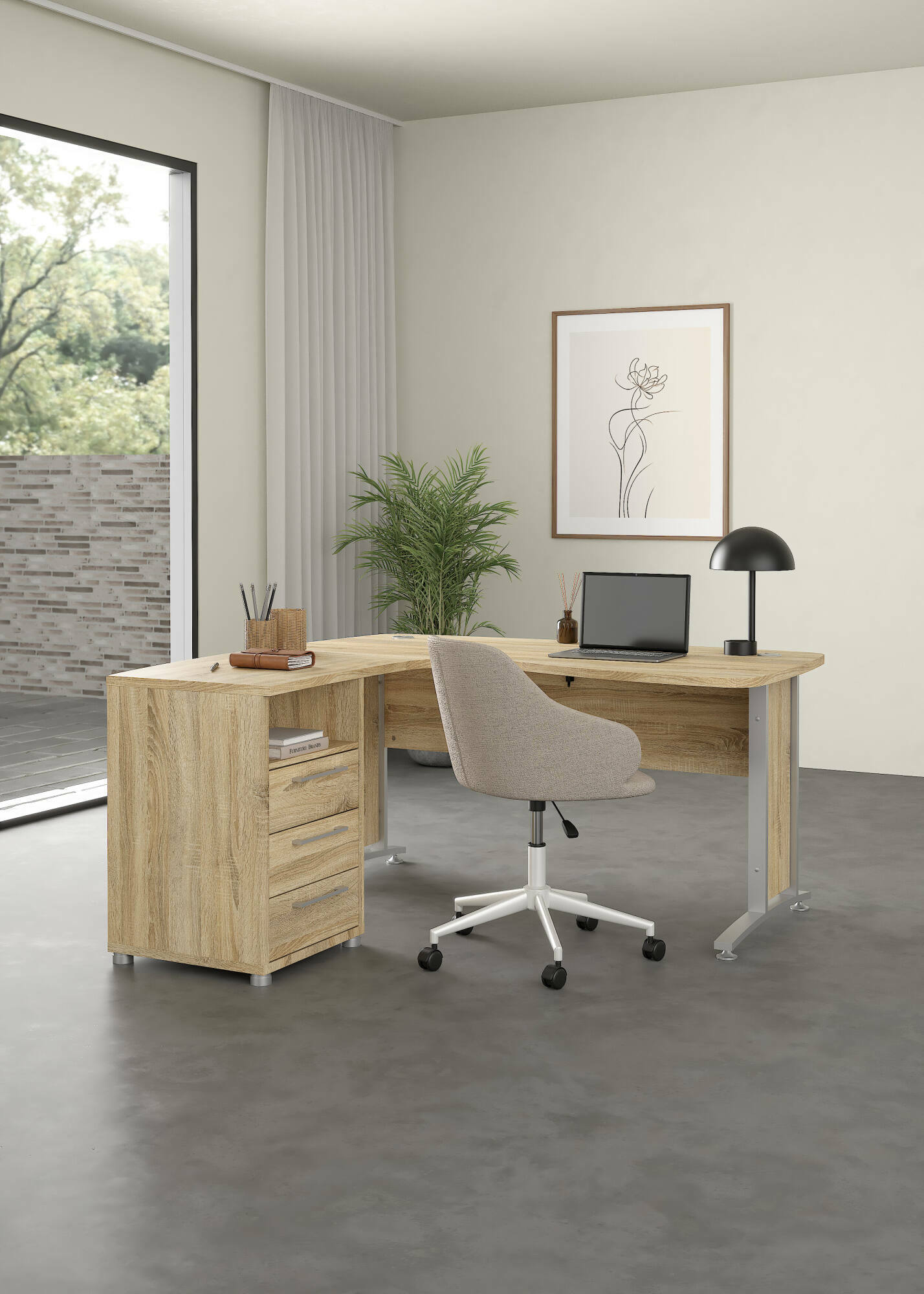 foto del prodotto scrivania lumpur, scrittoio multiuso, tavolo per ufficio porta pc, piano di lavoro, 159x150 h75 cm, quercia