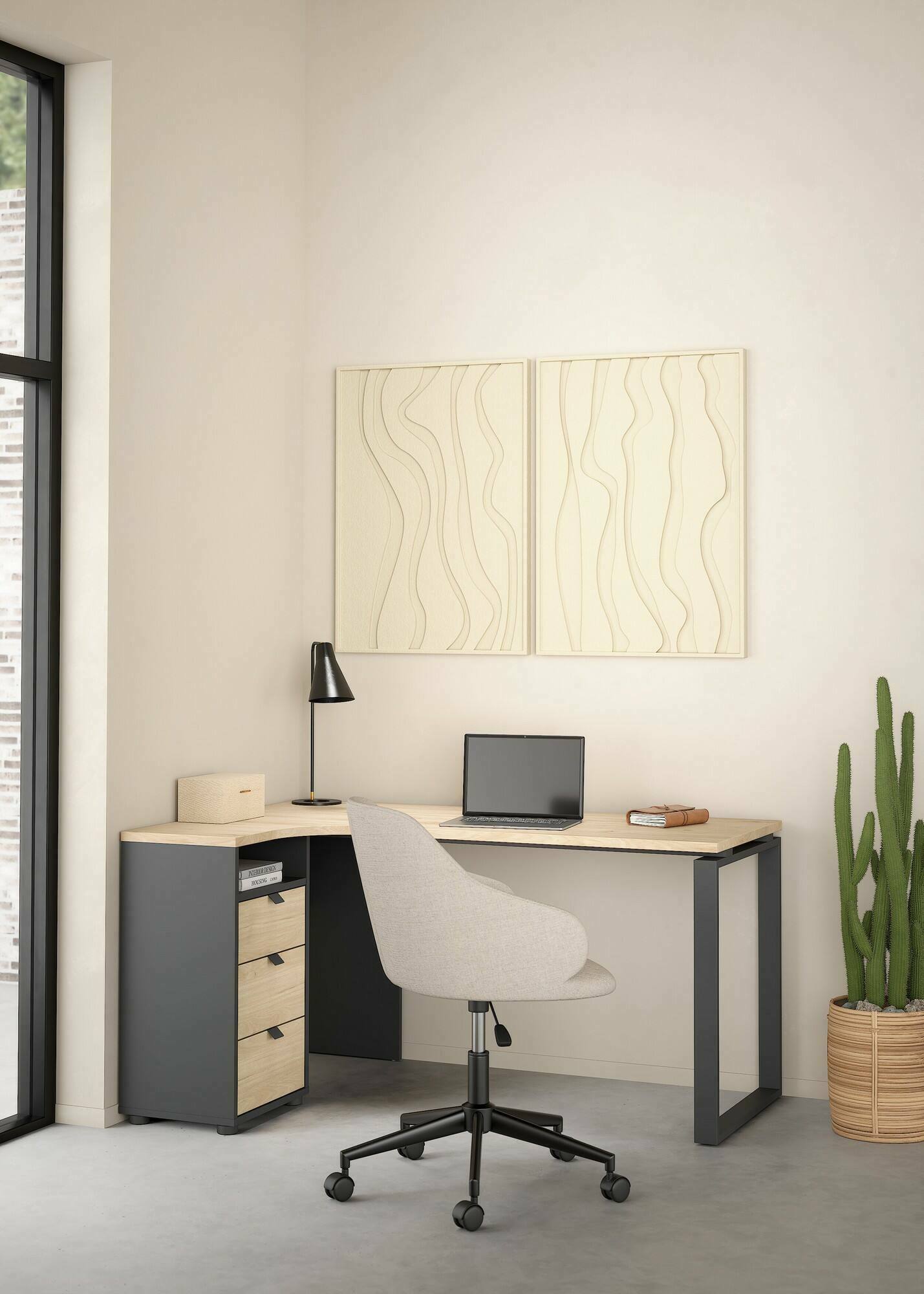 foto del prodotto scrivania medard, scrittoio multiuso, tavolo per ufficio porta pc, piano di lavoro, 150x100 h76 cm, rovere e grigio