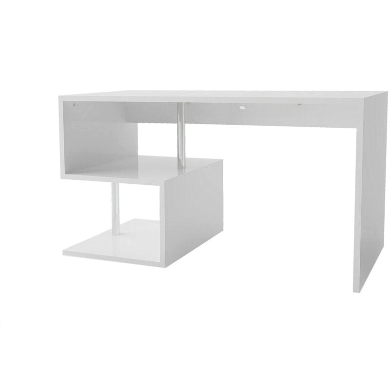 foto del prodotto scrivania moderna ad esse per ufficio e studio con scaffale, made in italy, tavolo da computer, scrittoio porta pc, cm 140x60h78, colore bianco