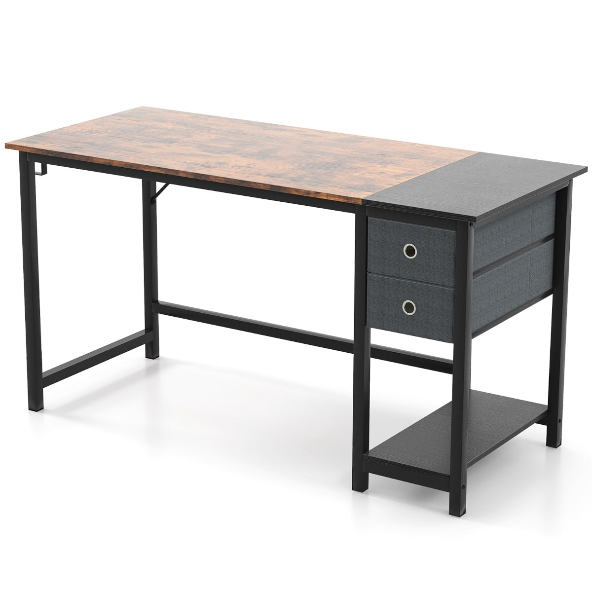 foto del prodotto scrivania moderna da 140 cm, postazione di lavoro per computer con 2 cassetti, ripiano con gancio per appendere, 140 x 60 x 75 cm, marrone rustico e nero 20 0007993