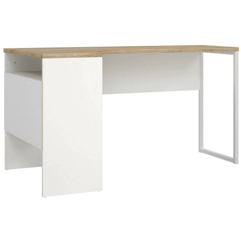 foto del prodotto scrivania moire, scrittoio multiuso, tavolo per ufficio porta pc, piano di lavoro, 145x81 h77 cm, bianco e quercia dmora