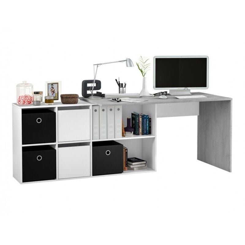 foto del prodotto scrivania multiposizione 203x66x74h cm con 2 ante e 4 ripiani bianco opaco e cemento seda