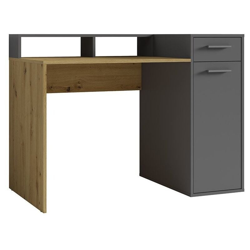 foto del prodotto scrivania office con cassettiera e supporto per monitor colori grigio e rovere 120 x 90 x 65 cm