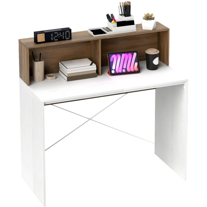 foto del prodotto scrivania pc moderna 110x50x102,6 cm con piano rialzato bianco e noce