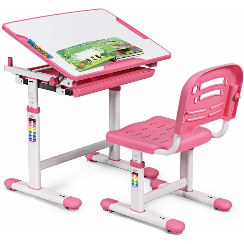 foto del prodotto scrivania per bambini tavolo per studenti con sedia inclinabile regolabile in altezza, ergonomica, vari colori disponibili, rosa costway