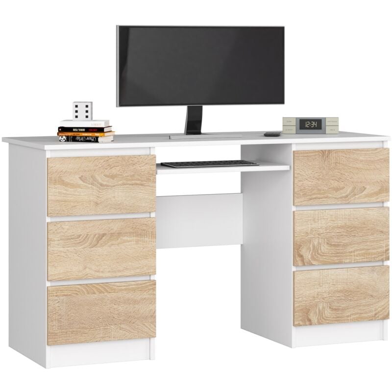 foto del prodotto scrivania per computer akord a11 bianco 135 cm 6 cassetti inserto frontale sonoma quercia 135x50x77 cm