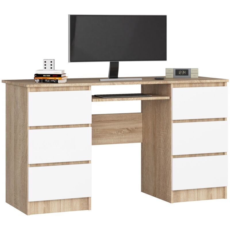 foto del prodotto scrivania per computer akord a11 sonoma quercia 135 cm 6 cassetti inserto frontale bianco 135x50x77 cm