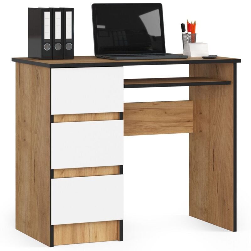 foto del prodotto scrivania per computer akord a6 quercia craft 90 cm 3 cassetti inserto frontale bianco 90x50x77 cm modello a sinistra