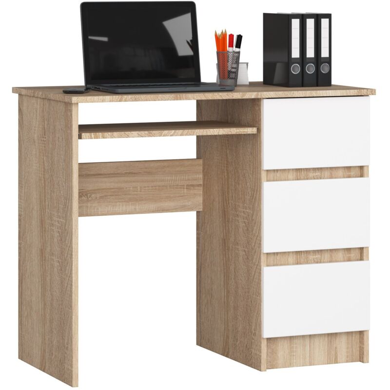 foto del prodotto scrivania per computer akord a6 sonoma quercia 90 cm 3 cassetti inserto frontale bianco 90x50x77 cm modello a destra