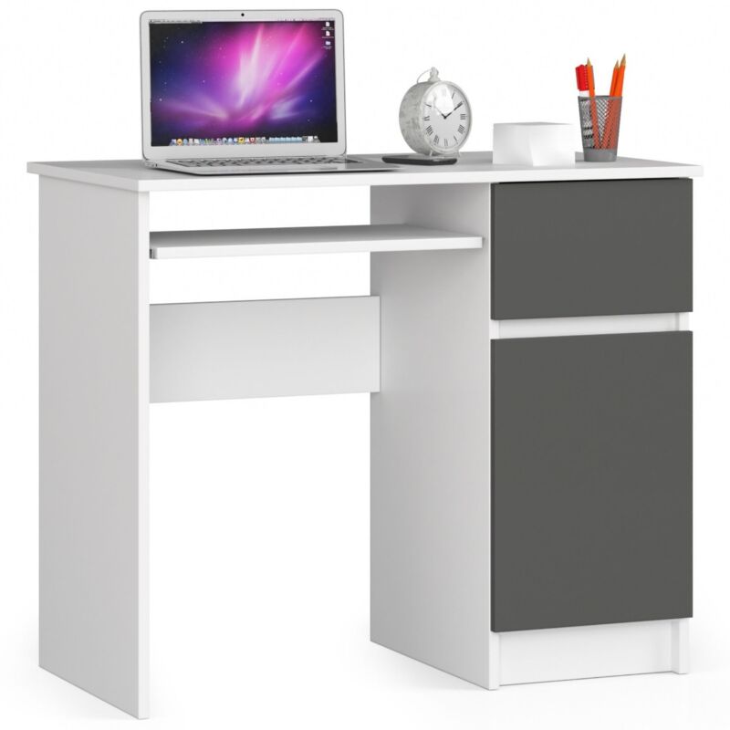 foto del prodotto scrivania per computer akord piksel bianco 90 cm 1 anta 1 cassetto inserto frontale grigio grafite 90x50x77 cm modello a destra