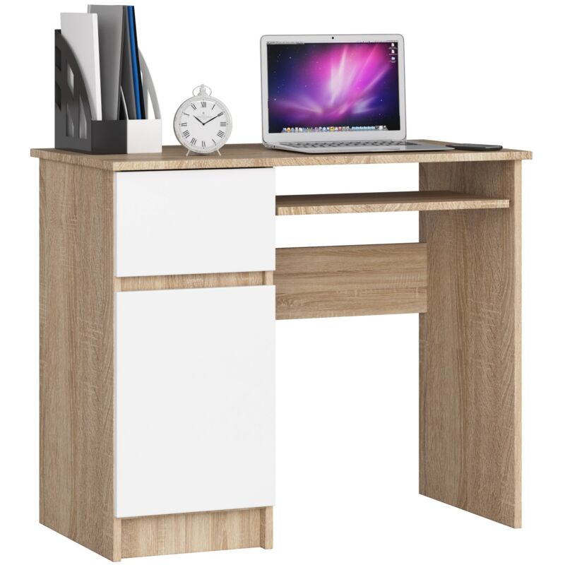 foto del prodotto scrivania per computer akord piksel sonoma quercia 90 cm 1 anta 1 cassetto inserto frontale bianco 90x50x77 cm modello a sinistra