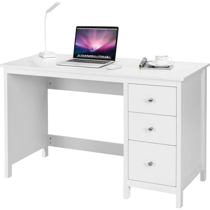 foto del prodotto scrivania per computer con 3 cassetti, tavolo porta pc con superficie spaziosa, tavolo moderno per casa studio ufficio bianco 