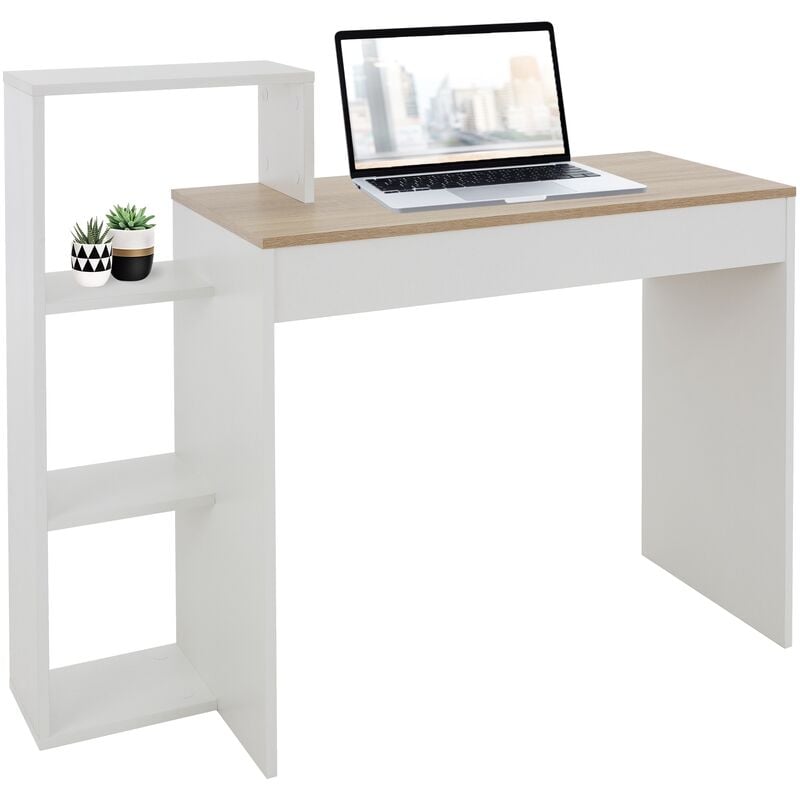 foto del prodotto scrivania per computer pc laptop con 3 ripiani 110 x 72 x 40 cm tavolo da lavoro per casa ufficio studio sistema 2 in 1 con piano in legno rovere