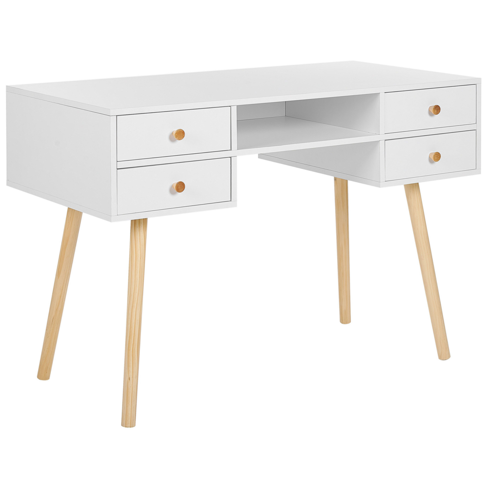 foto del prodotto scrivania per home office bianca 4 cassetti portaoggetti gambe in legno massello chiaro 110 x 55 cm scandinavo