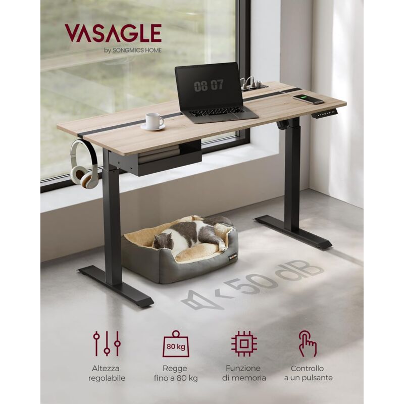 foto del prodotto scrivania regolabile in altezza, piano elettrico, 60 x 140 cm, regolabile in continuo, funzione memory, a 4 altezze, grigio nero vasagle