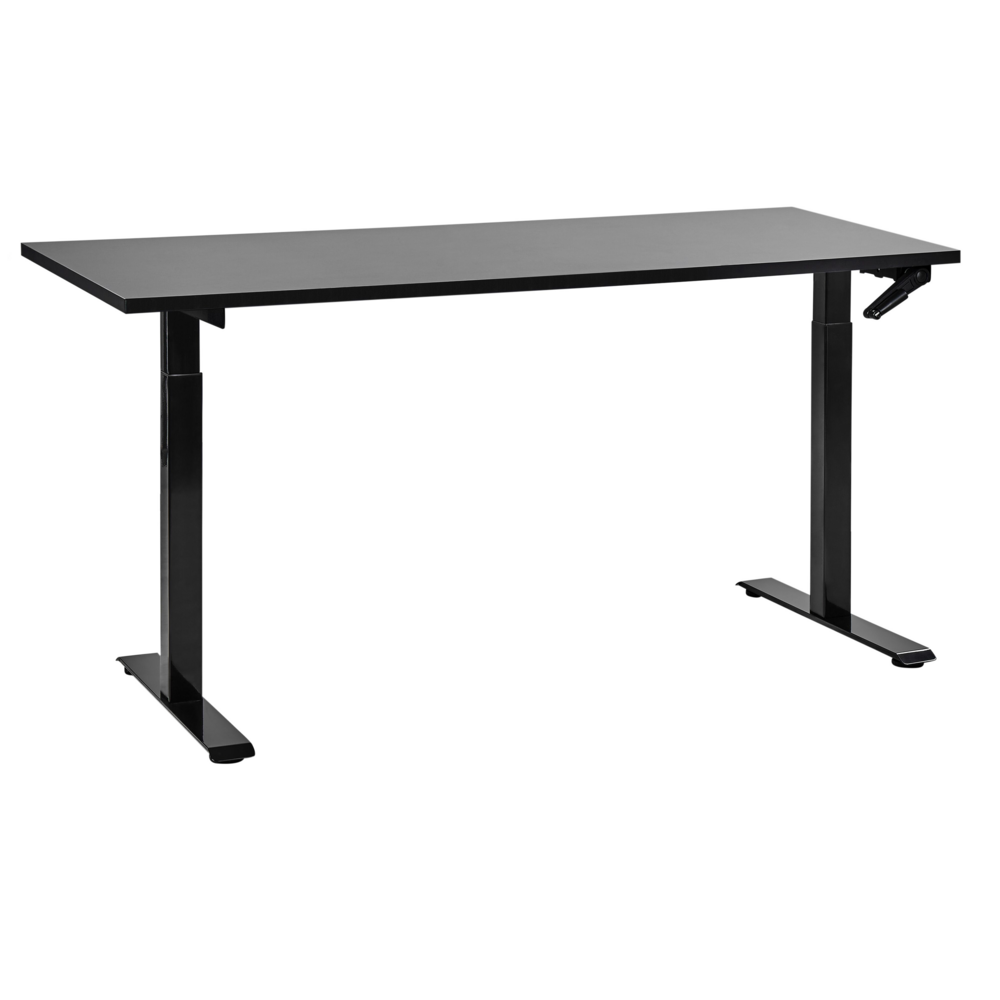 foto del prodotto scrivania regolabile manualmente in altezza piano del tavolo legno nero telaio in acciaio nero 160 x 72 cm piedi quadrati design moderno ufficio