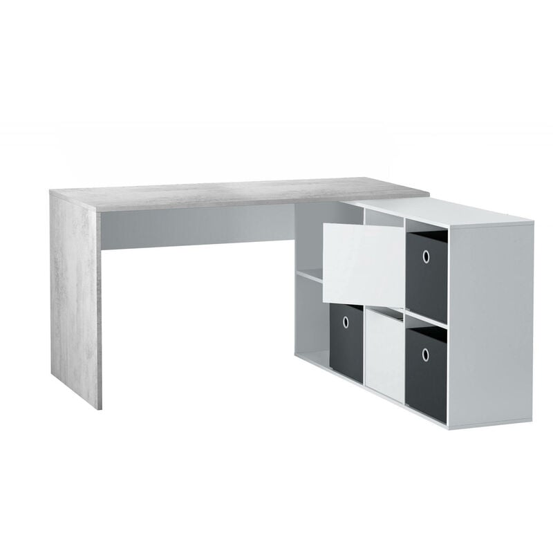 foto del prodotto scrivania, scrittoio multifunzione reversibile multiposizione, tavolo da studio o ufficio porta pc con scaffale, cm 136x139h74, bianco e cemento