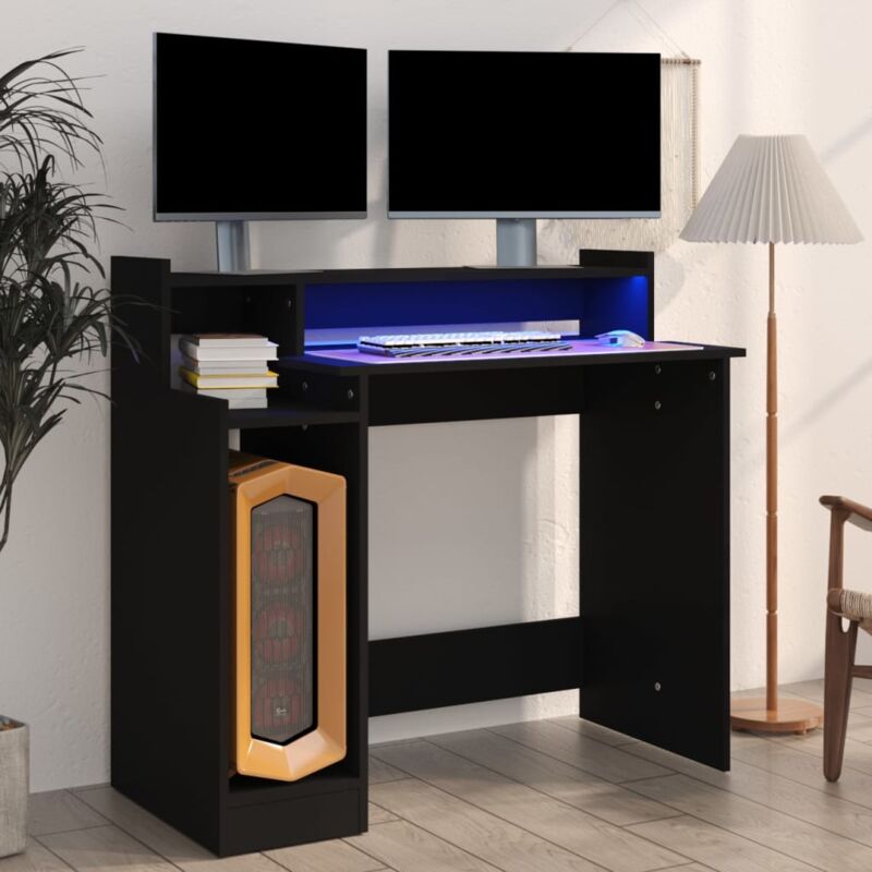 foto del prodotto scrivania,scrivania da studio,tavolo porta pc per computer con luci led nera 97x45x90 cm in legno multistrato xzz876534 bonnevie