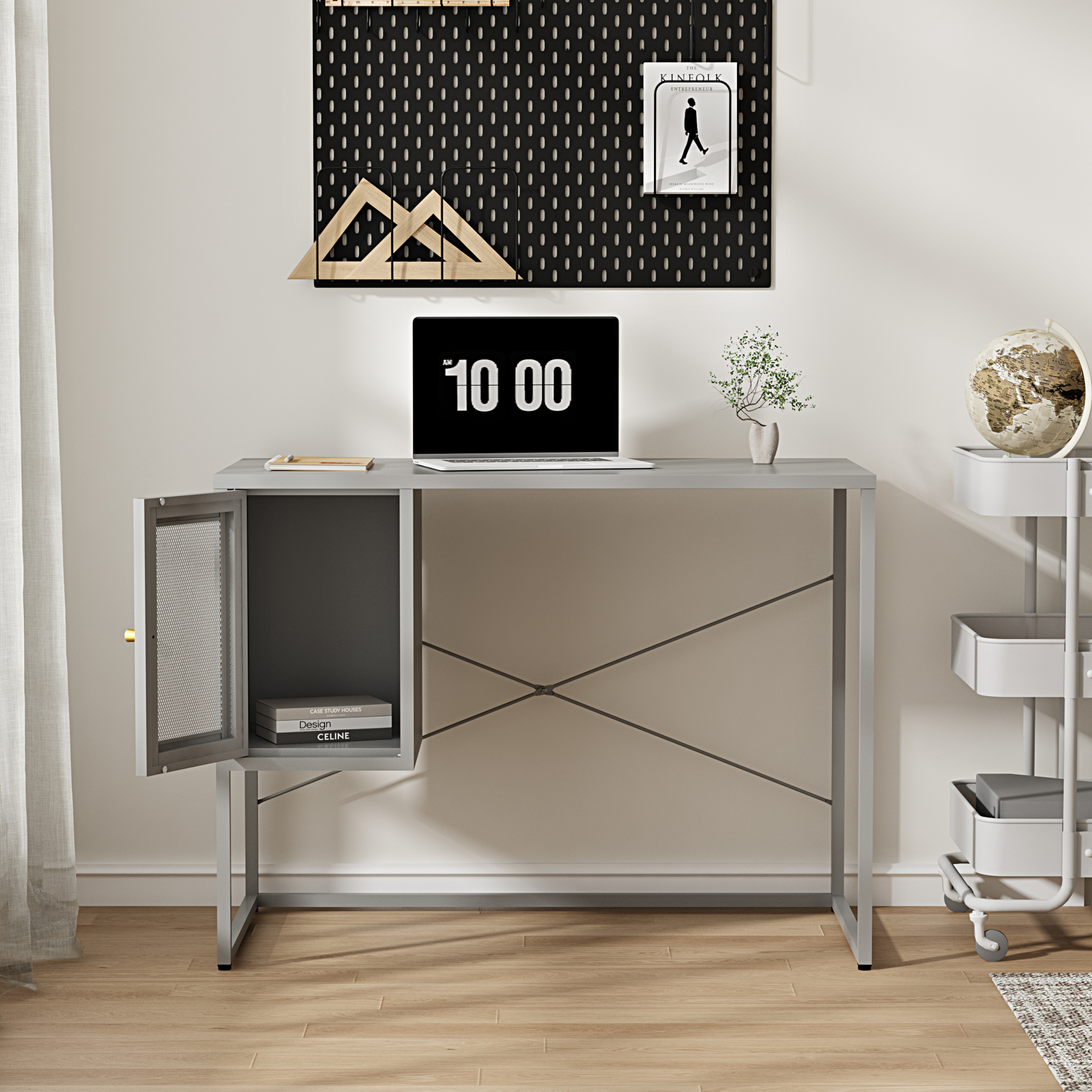foto del prodotto scrivania sund in acciaio con scomparto chiuso con anta 75x100x50 cm grigio en.casa 