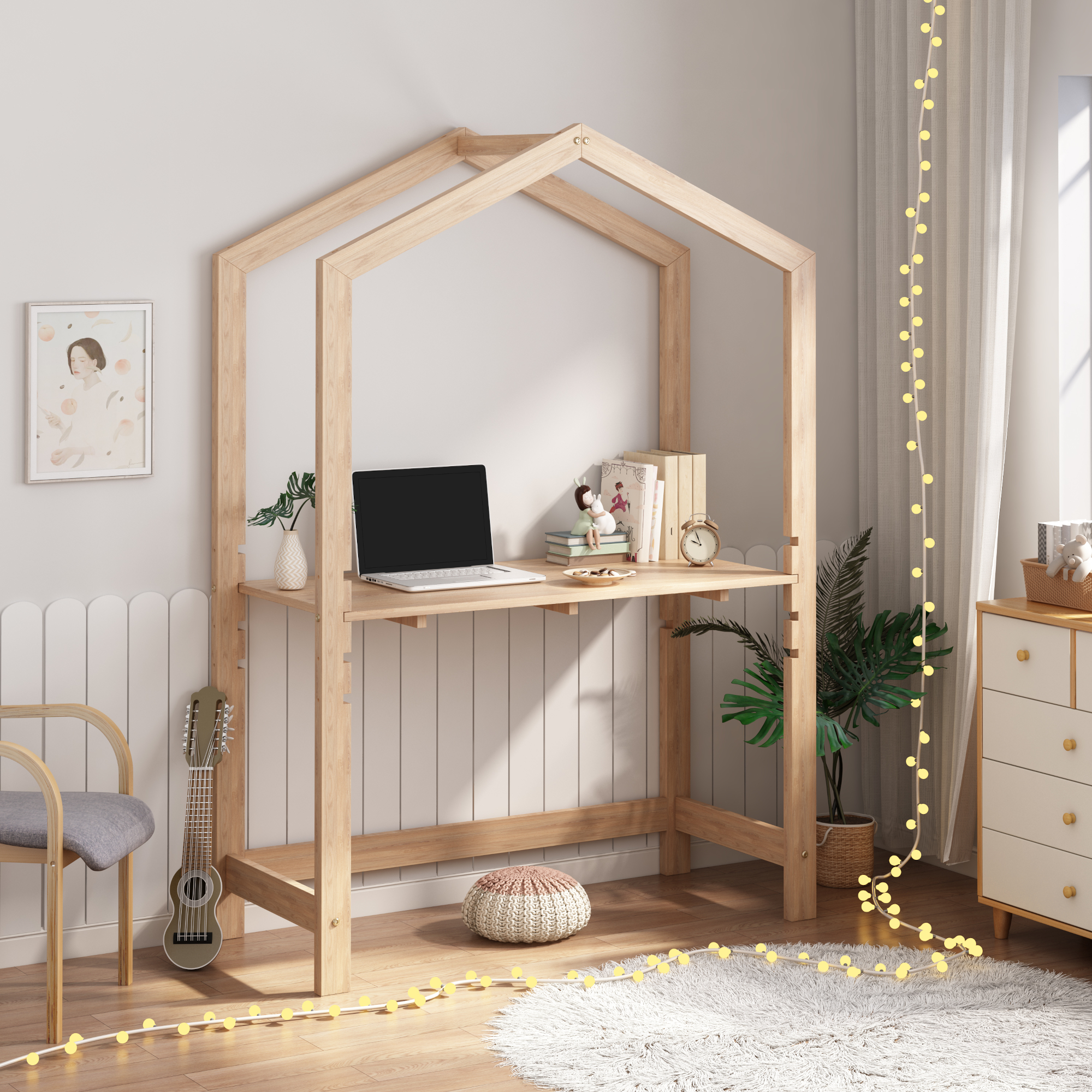 foto del prodotto scrivania sus per cameretta forma di casetta legno naturale en.casa 