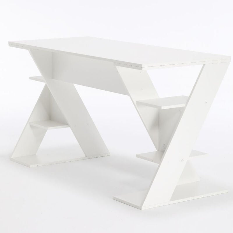 foto del prodotto scrivania ufficio porta pc tavolo computer 6 ripiani, con libreria mensole salvaspazio in legno, casa studio - 137x60x75 cm bianca