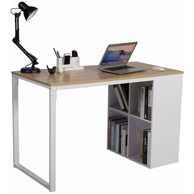foto del prodotto scrivania ufficio tavolo per computer con libreria porta pc legno metallo legno bianco woltu