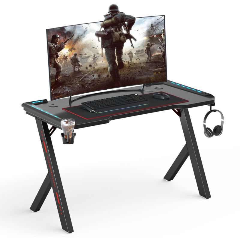 foto del prodotto scrivanie gamer postazione gaming 120x60cm scrivania gaming con led rgb gaming table desk scrivania pc gaming con portabicchieri e gancio per cuffie
