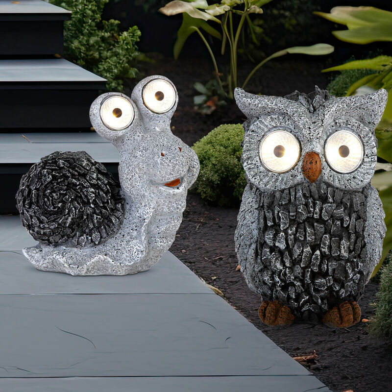 foto del prodotto scultura solare da giardino per la decorazione del giardino esterno lumaca gufo figura scultura grigia batteria, 1x lumaca e 1x gufo, plastica, 2x