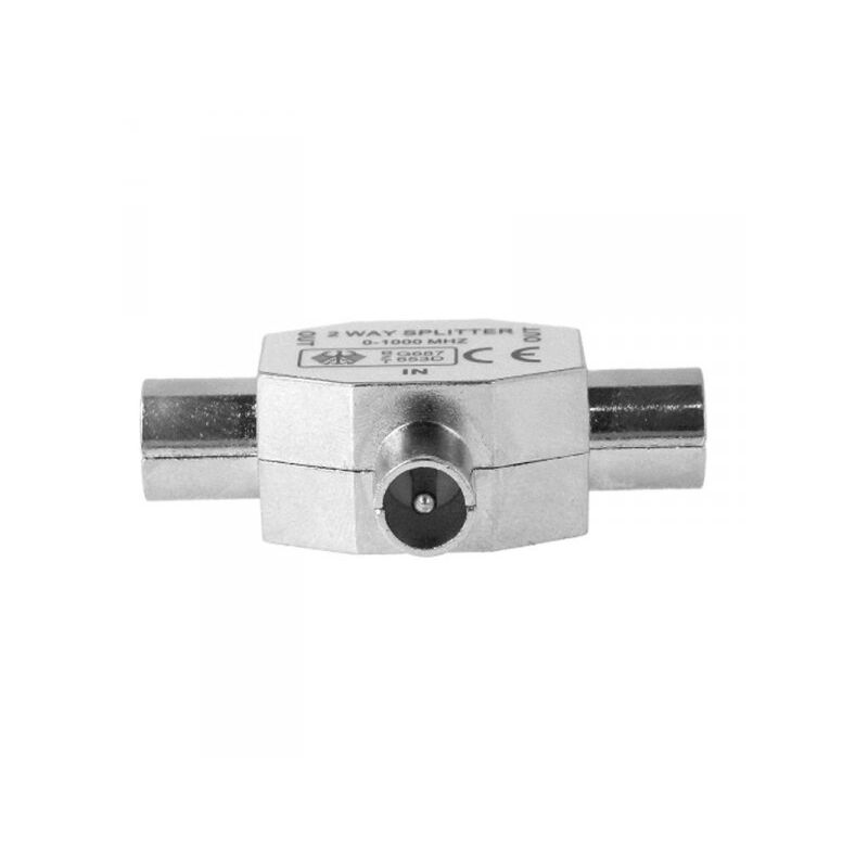 foto del prodotto sdoppiatore splitter per antenna tv in metallo 1 maschio 2 femmine distributore derivatore accoppiamento antenna tv