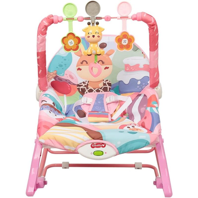 foto del prodotto sdraietta elettrica per bambini, colore rosa, fulvo, sedia a dondolo elettrica, musica, vibrazioni rilassanti, arco gioco con 3 comodi giocattoli,