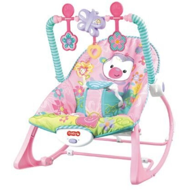 foto del prodotto sdraietta elettrica per bambini con musica, angolazione regolabile, cintura di sicurezza a 3 punti, struttura in metallo con piedini antiscivolo,