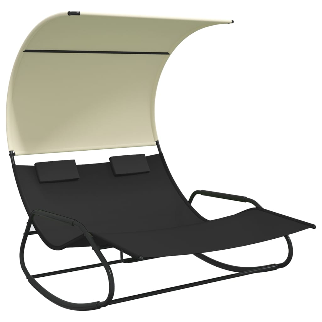 foto del prodotto sdraio sedia a sdraio lettino prendisole lettino da giardino terrazza doppio dondolo mobili da esterno con tendalino nero e crema 02 0012766