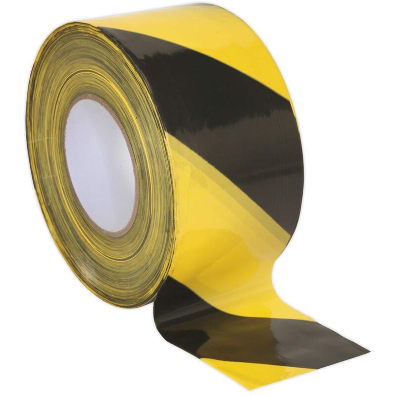 foto del prodotto sealey btby hazard warning barrier tape 80 mm x 100 metri nero giallo non adesivo