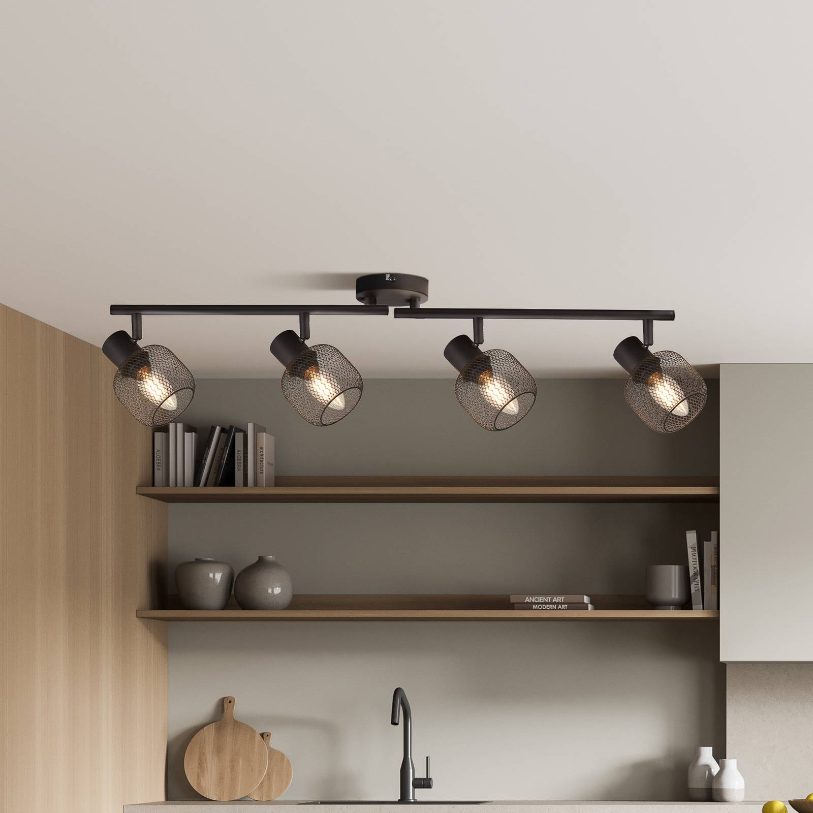foto del prodotto searchlight faretto da soffitto meshy, nero, metallo, a 4 luci, e14, 79 cm