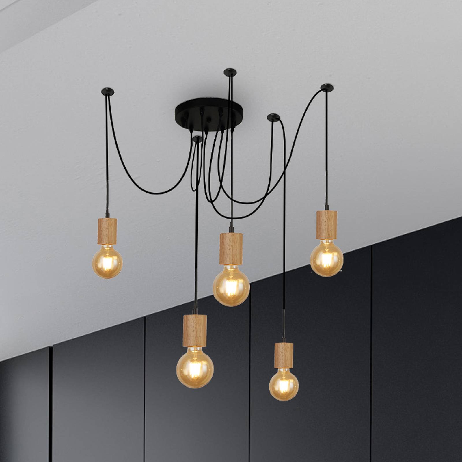 foto del prodotto searchlight lampada a sospensione spinny, ragno, 28 cm, a 5 luci, legno di gomma, e27