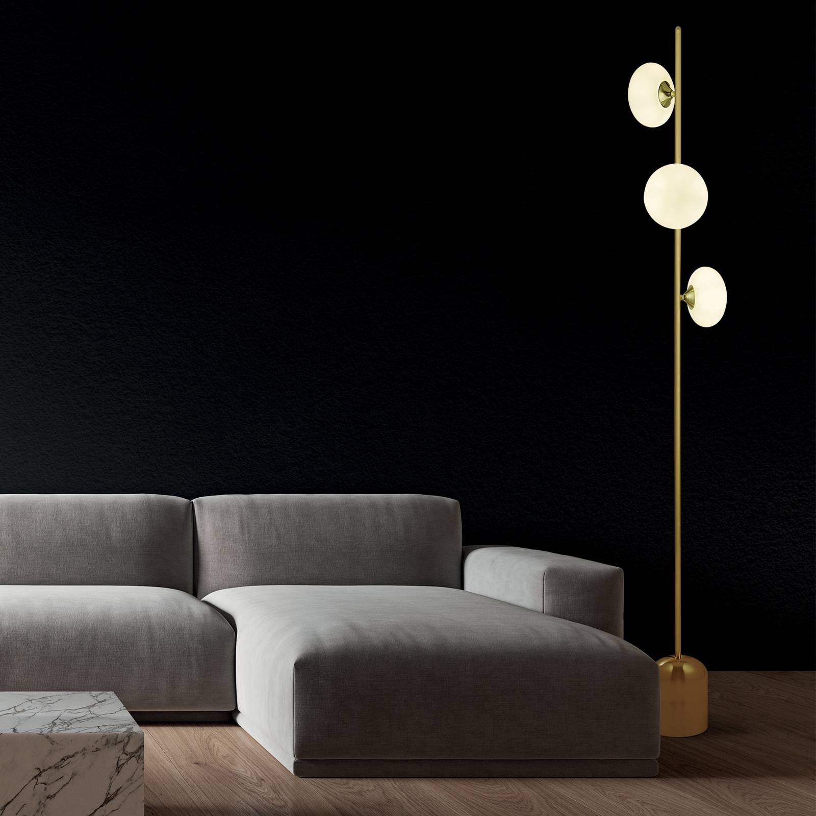 foto del prodotto searchlight piantana pebble, 3 luci, ottone