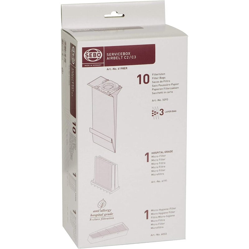 foto del prodotto sebo 6198er box con 10 sacchetti da filtro 3 strati, 1 filtro di grado ospedaliero e 1 micro filtro per la cintura c2 c2.1 c3 c3.1