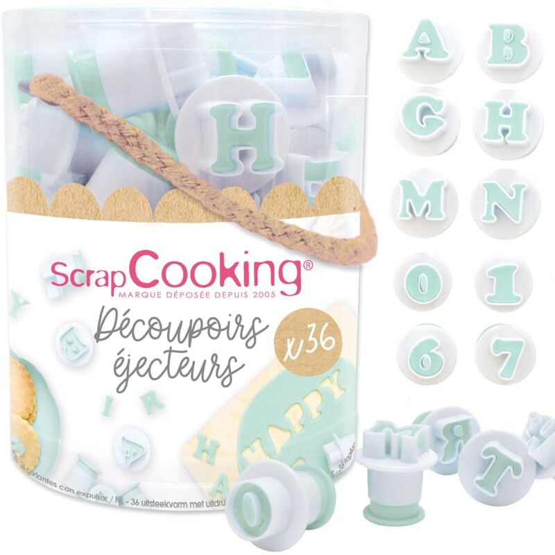 foto del prodotto secchiello 36 taglieri espultatori lettere e numeri scrapcooking