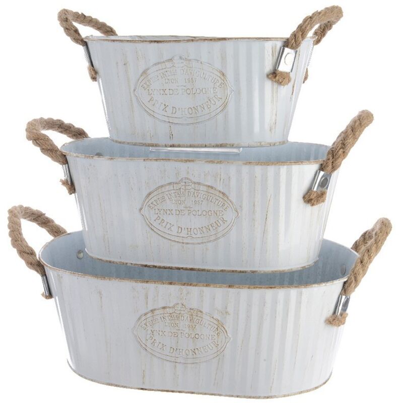 foto del prodotto secchio ovale in zinco con manico in corda, set di 3 unità