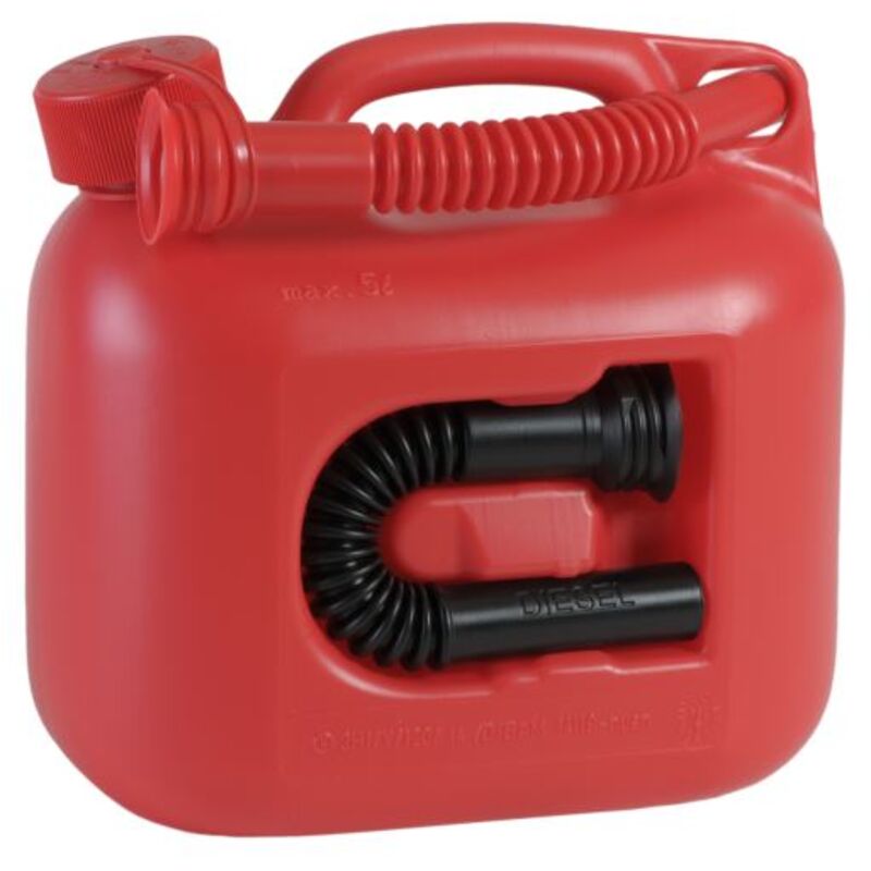 foto del prodotto secchio per carburante premium, capacità 5 litri, rosso, con 2 tubi di uscita