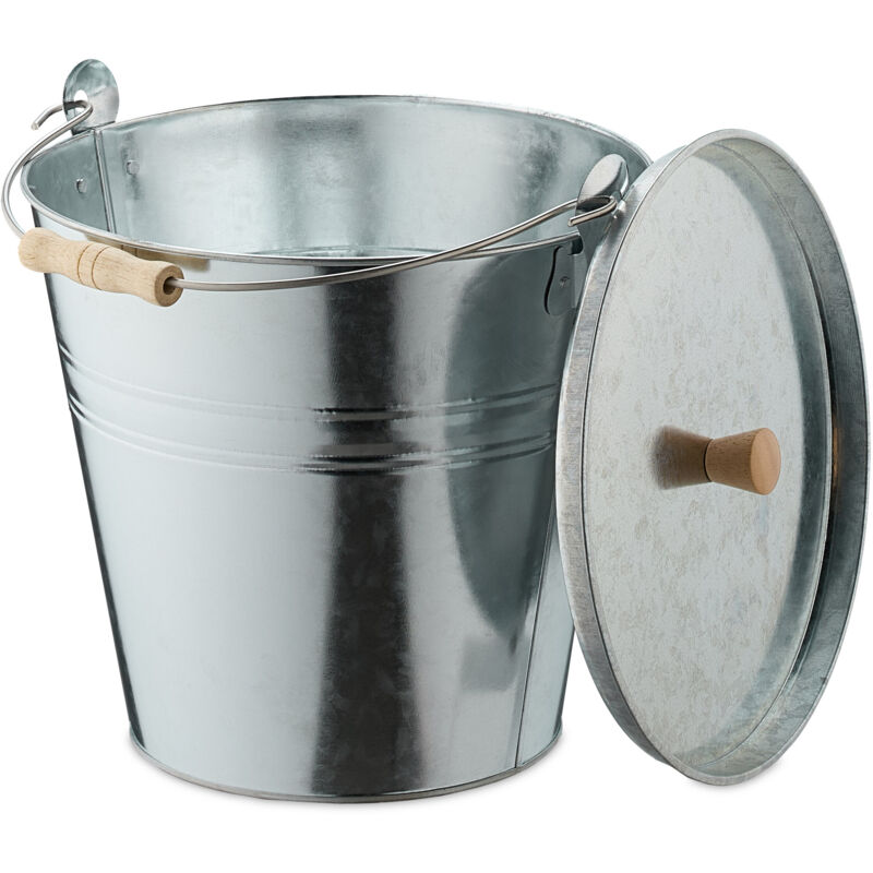 foto del prodotto secchio raccogli cenere con coperchio, cestello 12,5 l, carbone e bricchetti camino e stufa, acciaio, argento relaxdays