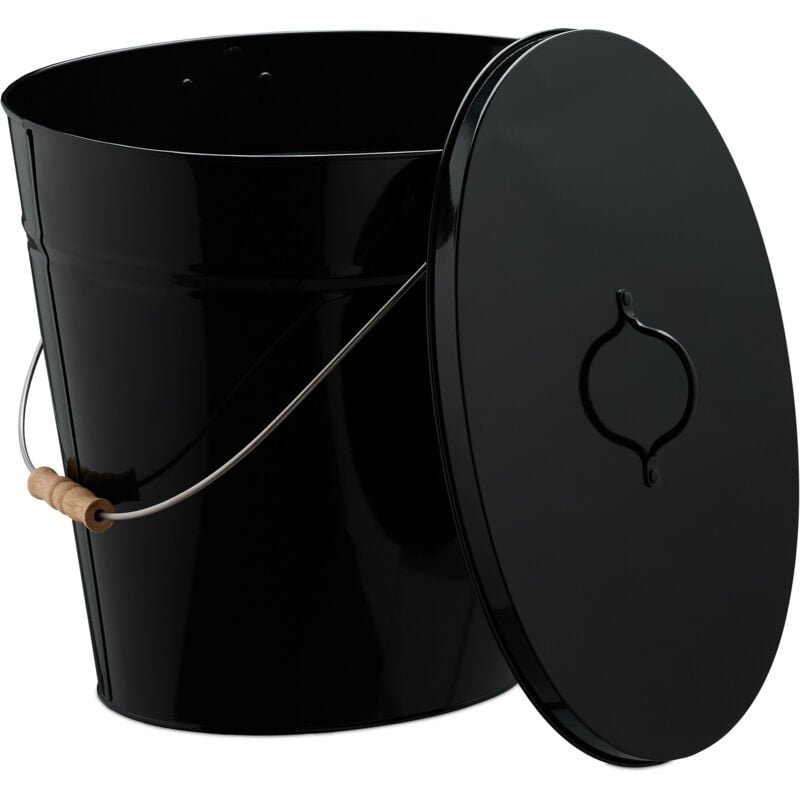 foto del prodotto secchio raccogli cenere con coperchio, cestello 18,5 l per carbone e bricchetti camino e stufa, acciaio, nero relaxdays