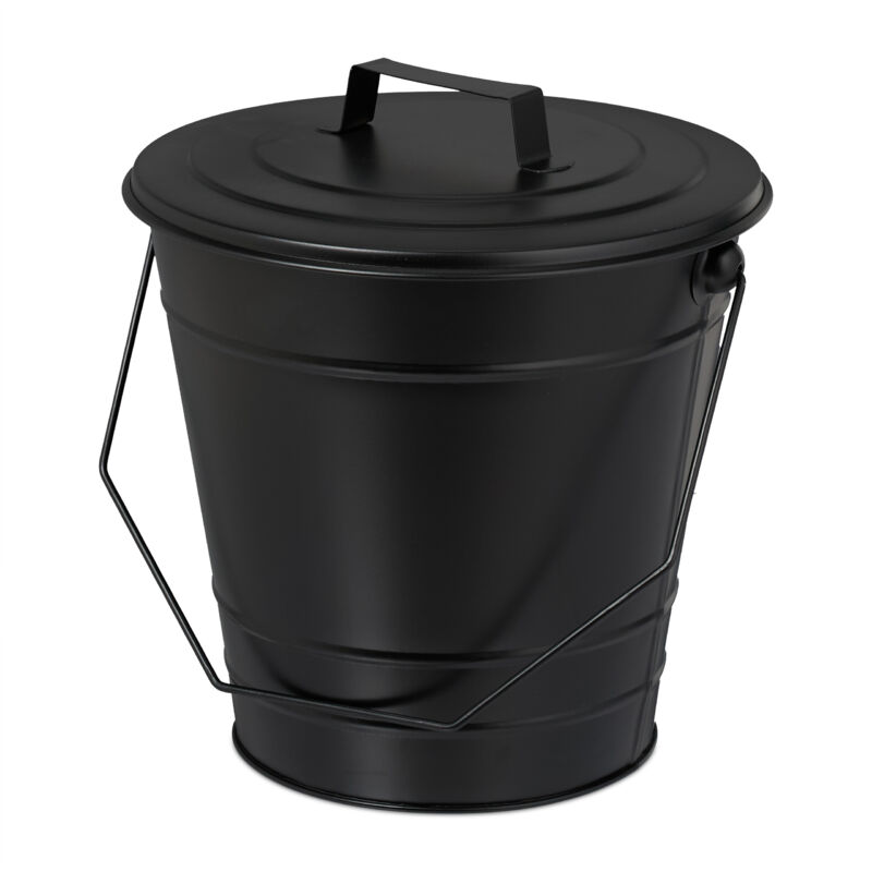 foto del prodotto secchio raccogli cenere con coperchio, cestello da 7 l per carbone, secchiello per camino e stufa, ferro, nero relaxdays