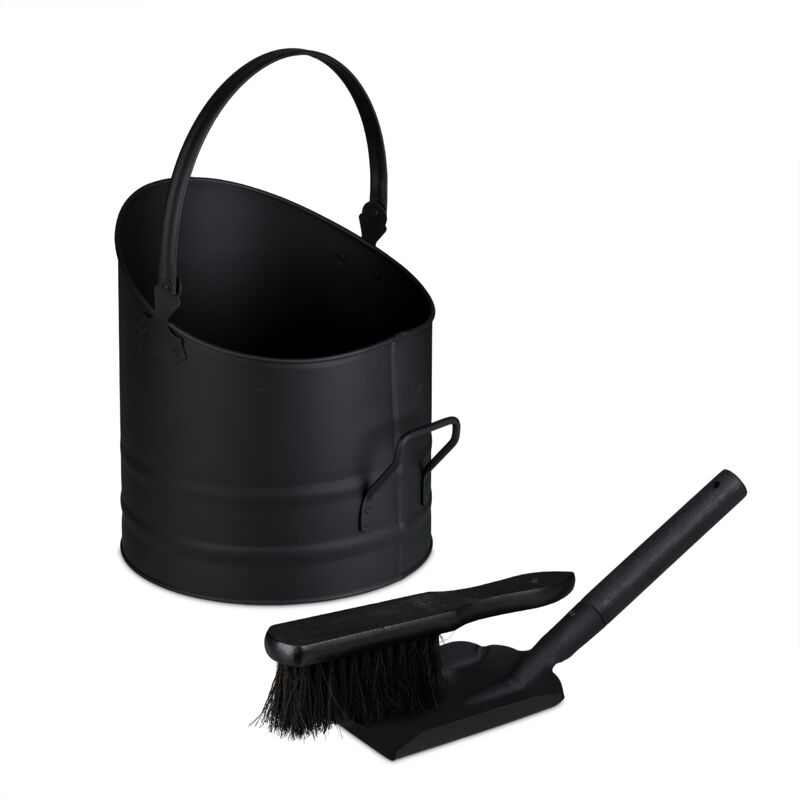 foto del prodotto secchio raccogli cenere e legna da ardere, cestello 9,5 l con scopa e paletta da camino, cestino ferro, nero - relaxdays