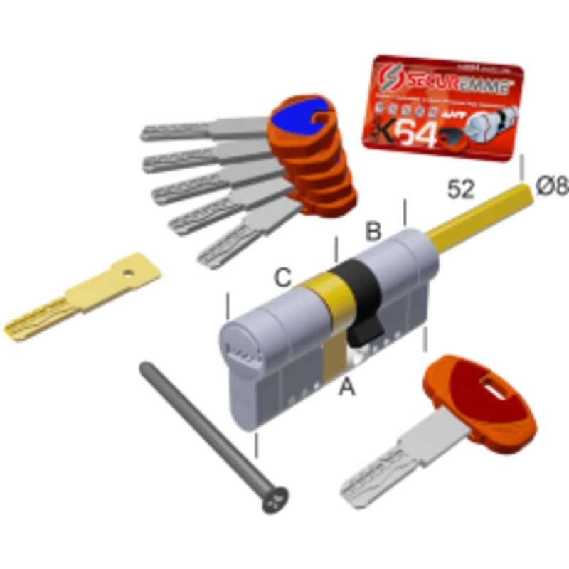 foto del prodotto securemme cilindro sagomato evo k64 36-q hand pomolo mm 30+40 ottone nichelato ottone nichelato satinato mm 30+40