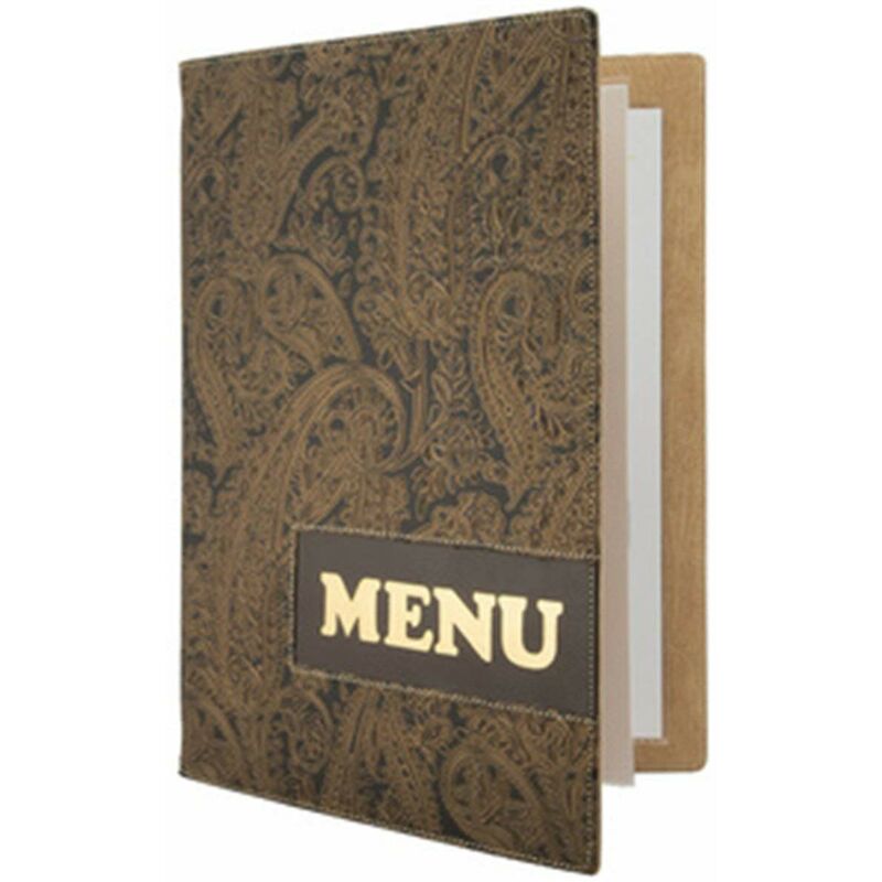 foto del prodotto securit porta menu linea design per caff , ristoranti, bar formato a4 similpelle 1 doppio inserto incluso texture paisley colore marrone