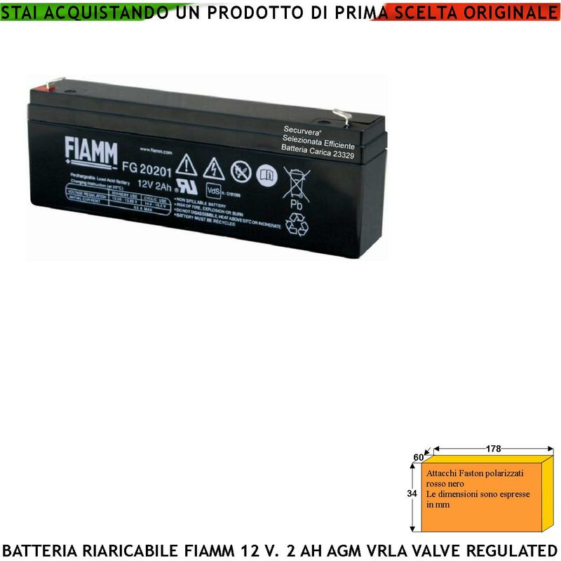foto del prodotto securvera batteria ermetica antifurto 12 v. 2 ah collegamento tramite 2 faston 5 mm polarizzati agm vrla valve regulated selezionata da caricata